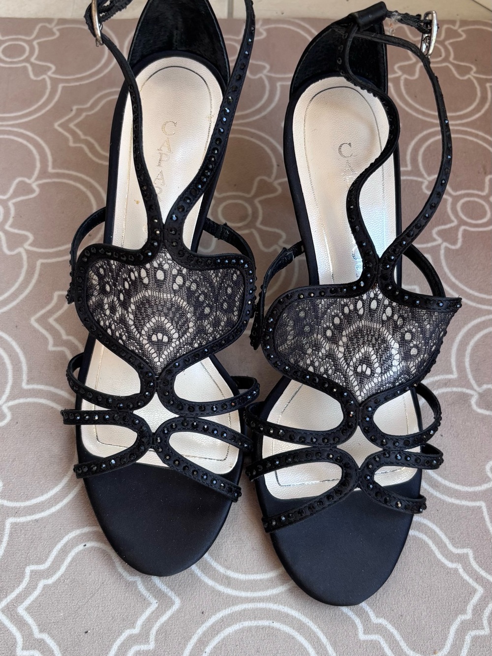 NWT Black Lace Evening Sandals with Rhinestone Trim